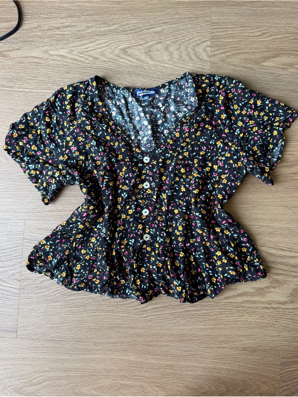 Freshman Black Floral Button-Front Peplum Blouse with Pink & Yellow Accents